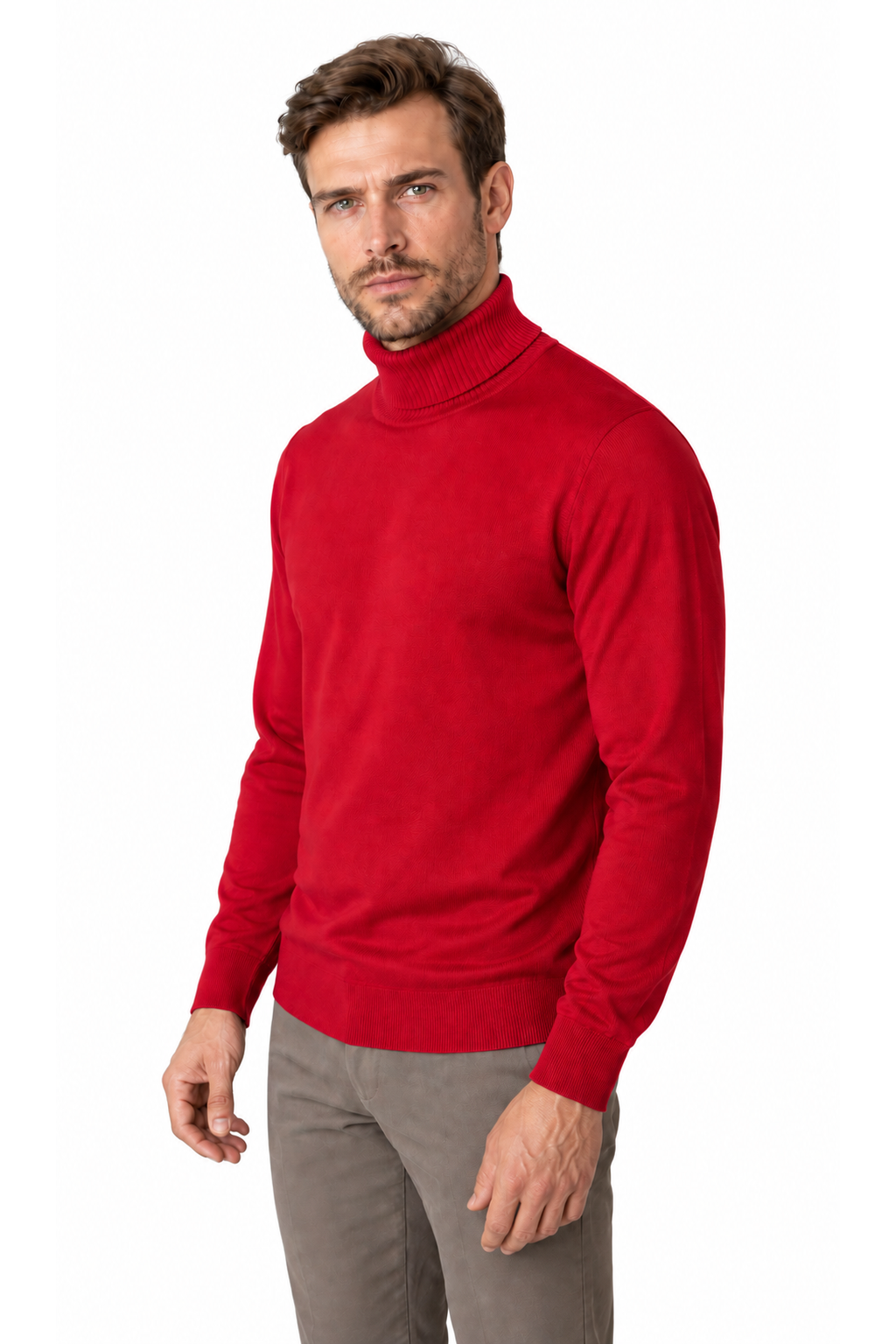 Ventorino turtleneck knit sweater in bright red — model view