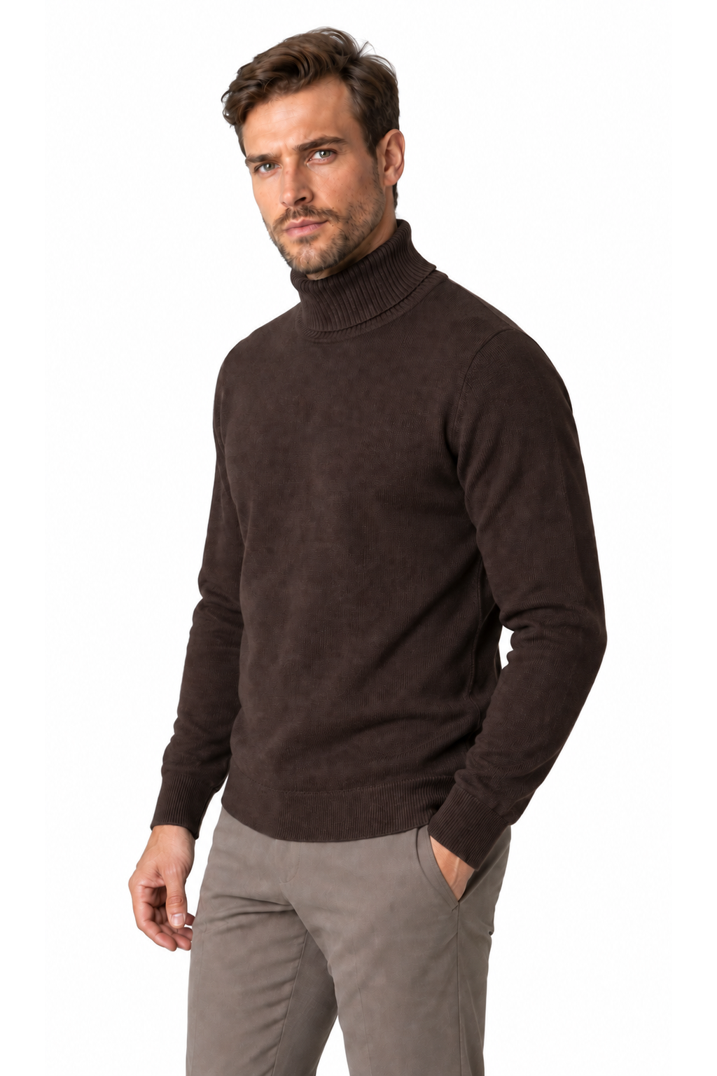 Ventorino turtleneck knit sweater in brown — model view