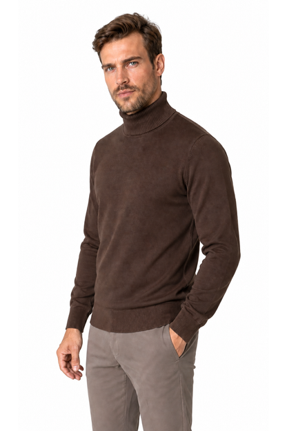 Ventorino turtleneck knit sweater in coffee — model view
