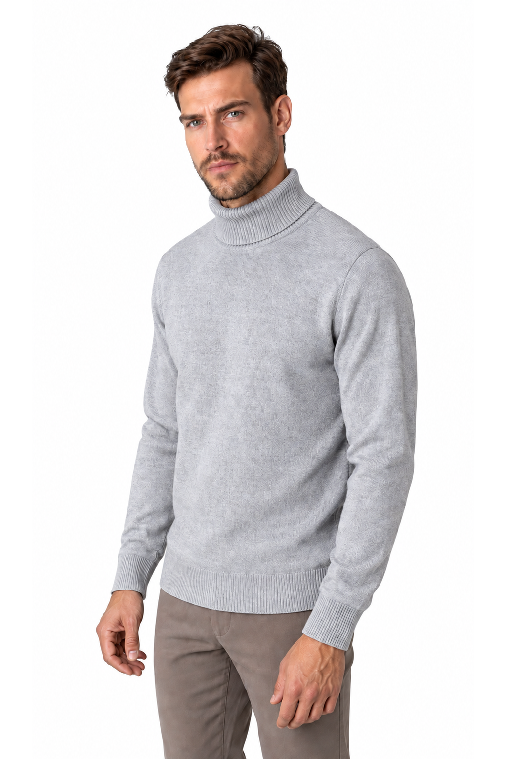 Ventorino turtleneck knit sweater in gray — model view
