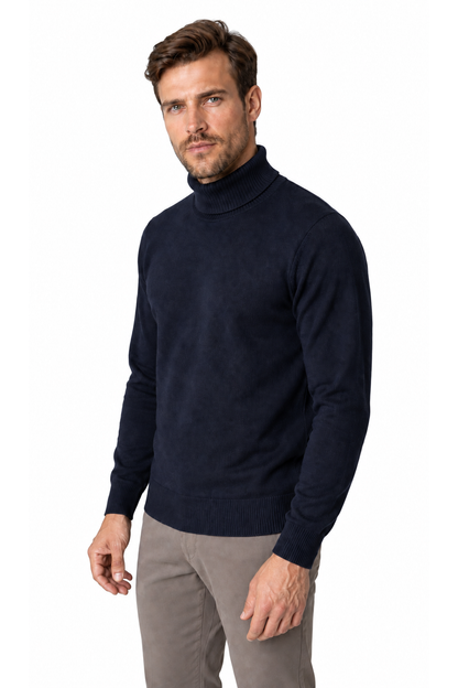 Ventorino turtleneck knit sweater in navy blue — model view
