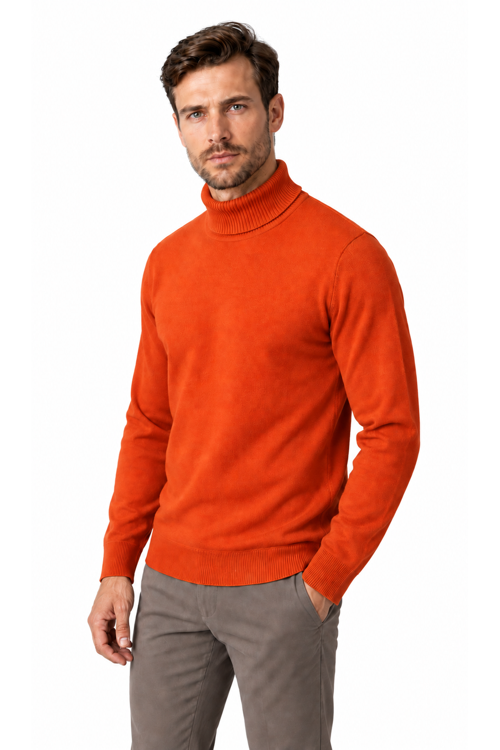 Ventorino turtleneck knit sweater in orange — model view