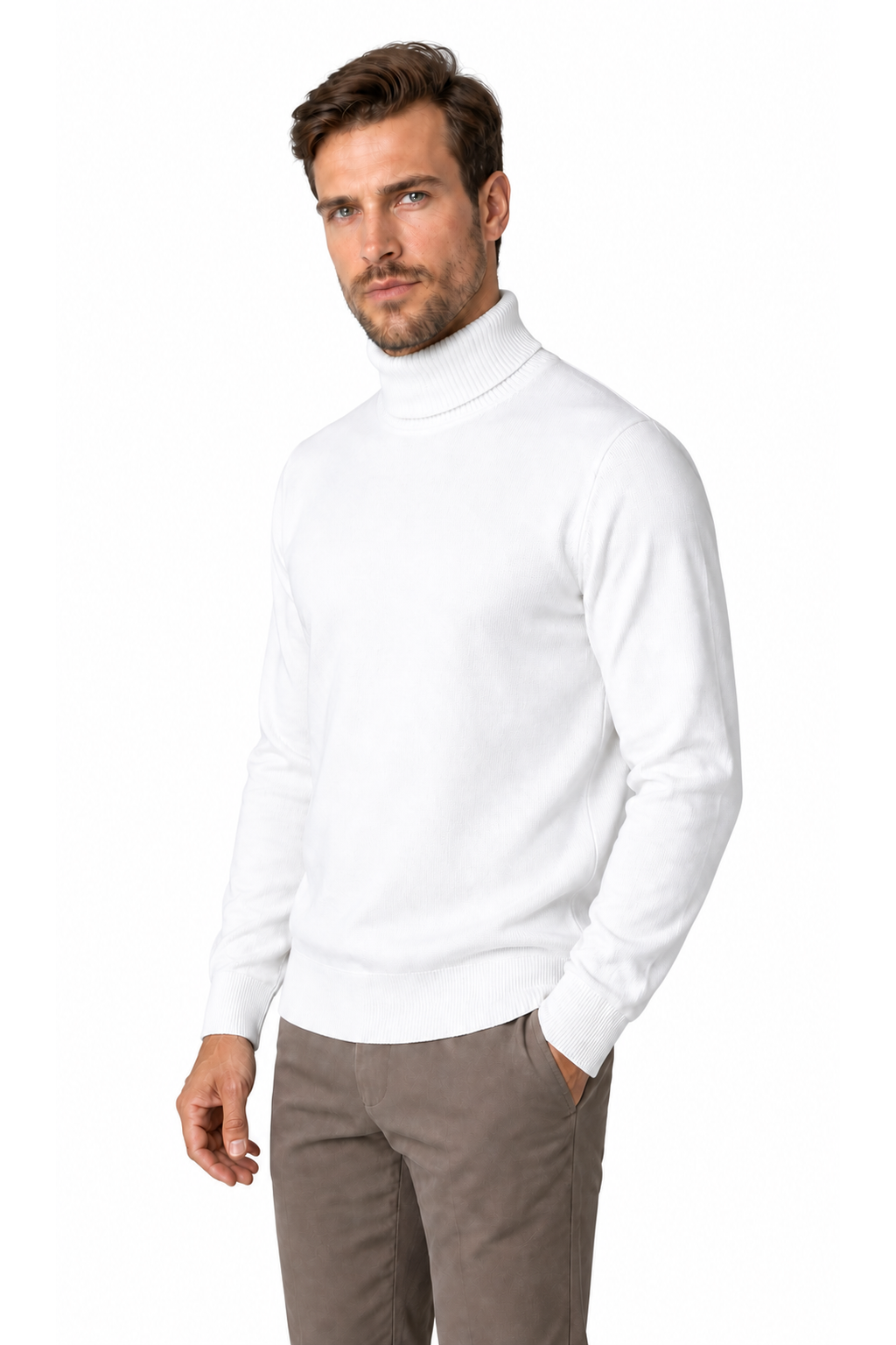 Ventorino turtleneck knit sweater in white — model view