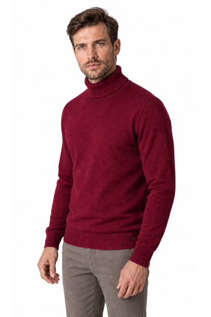 Ventorino turtleneck knit sweater in wine red — model view