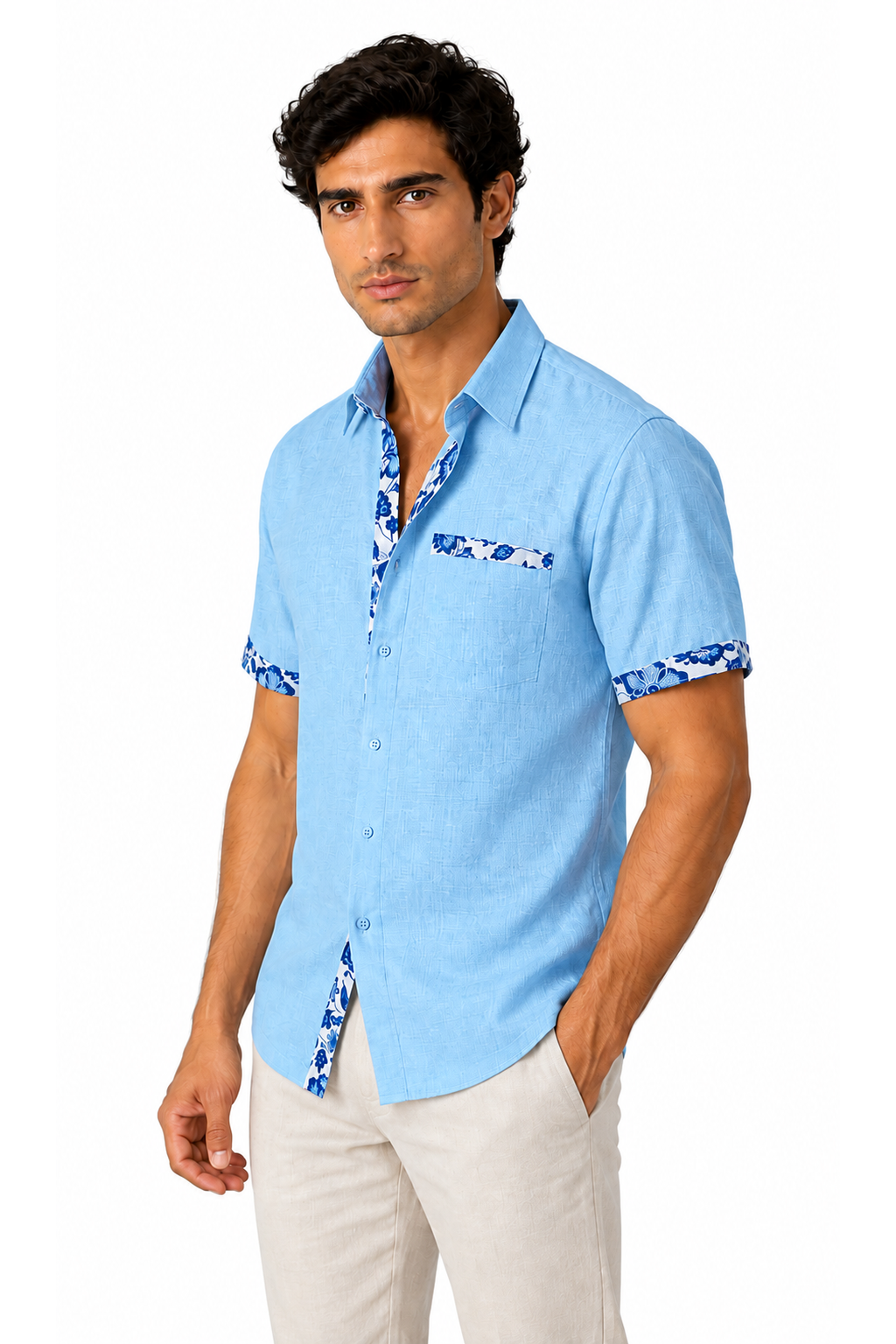 Ventorino floral trim vacation shirt in blue — model view