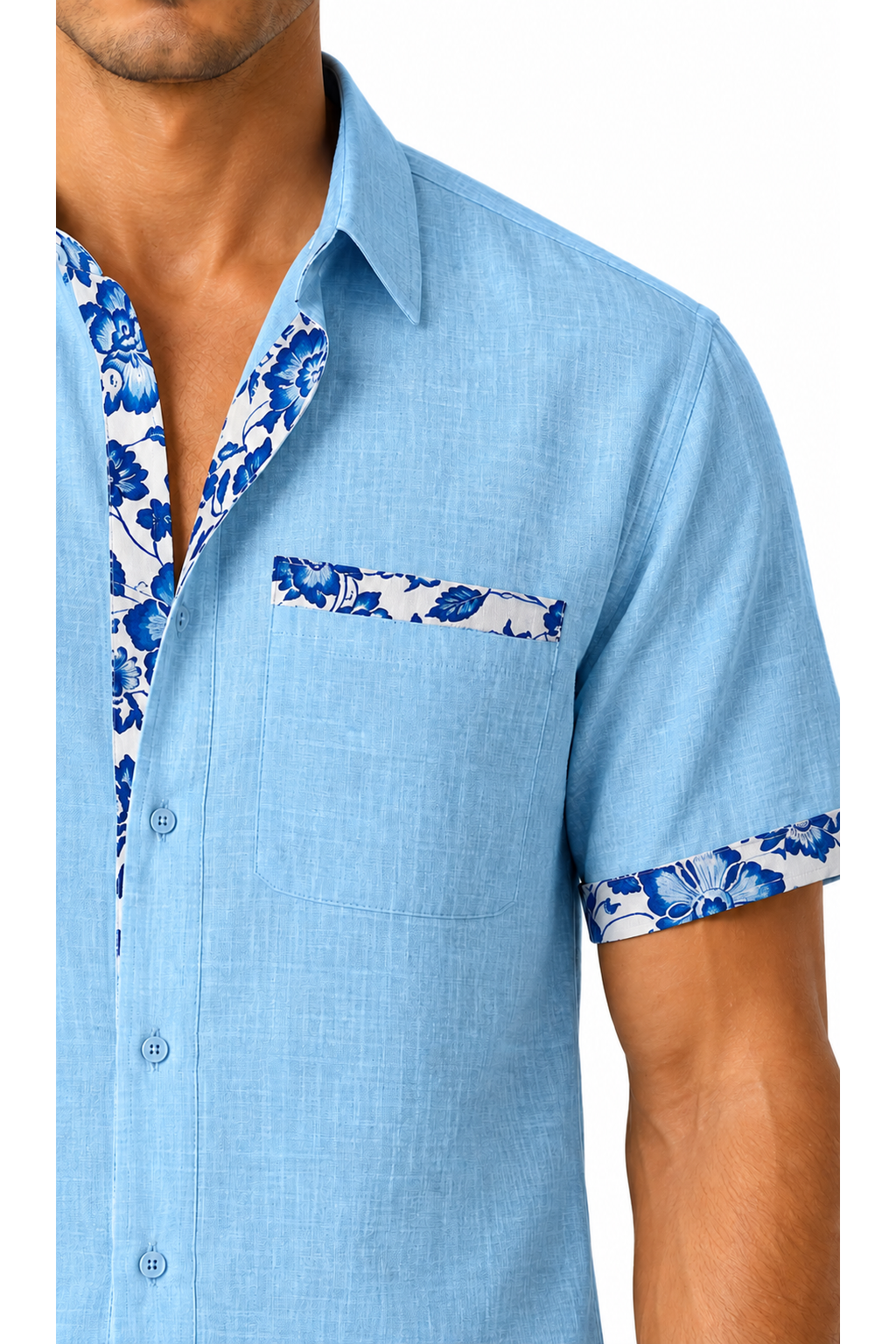 Ventorino floral trim vacation shirt in blue — linen fabric detail
