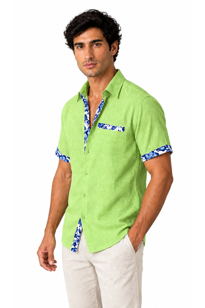 Ventorino floral trim vacation shirt in green — model view