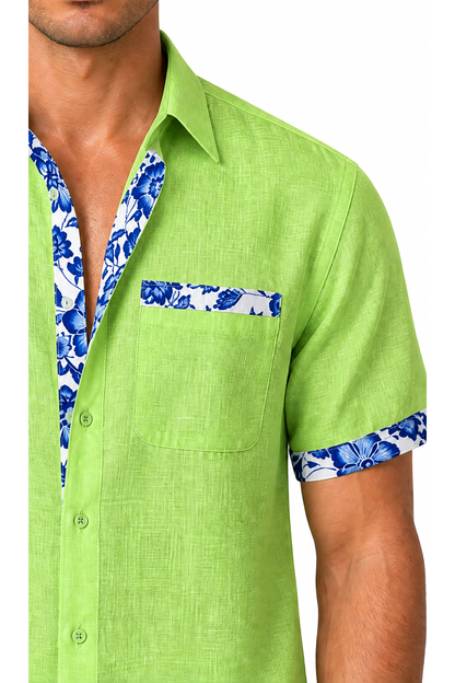 Ventorino floral trim vacation shirt in green — linen fabric detail