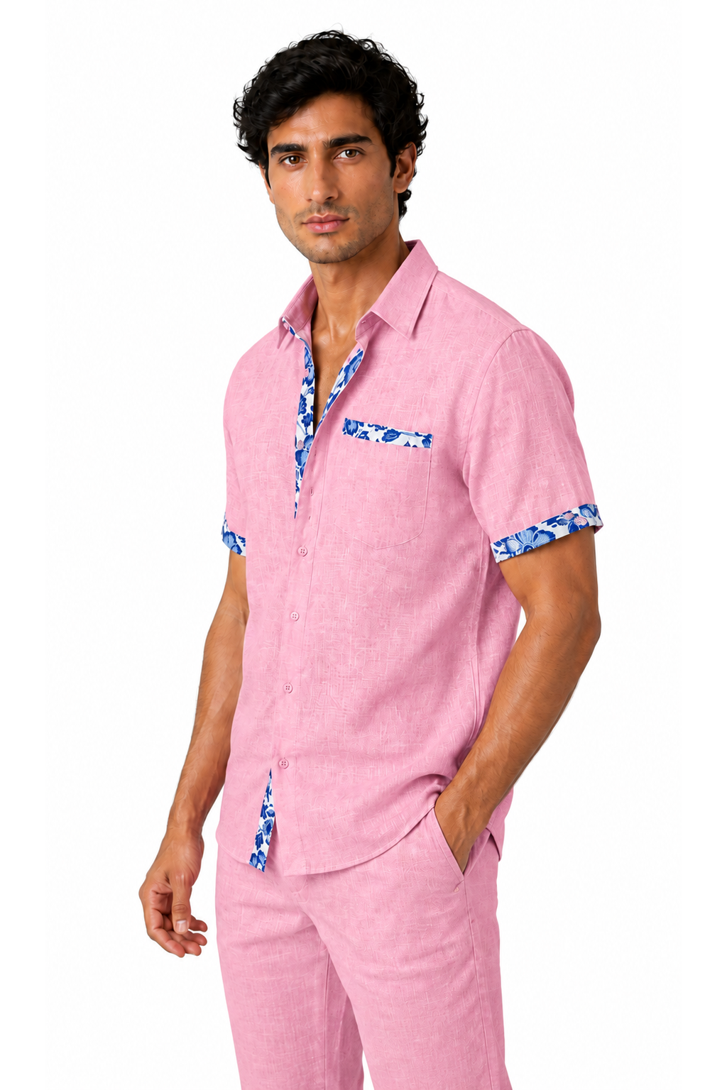 Ventorino floral trim vacation shirt in pink — model view