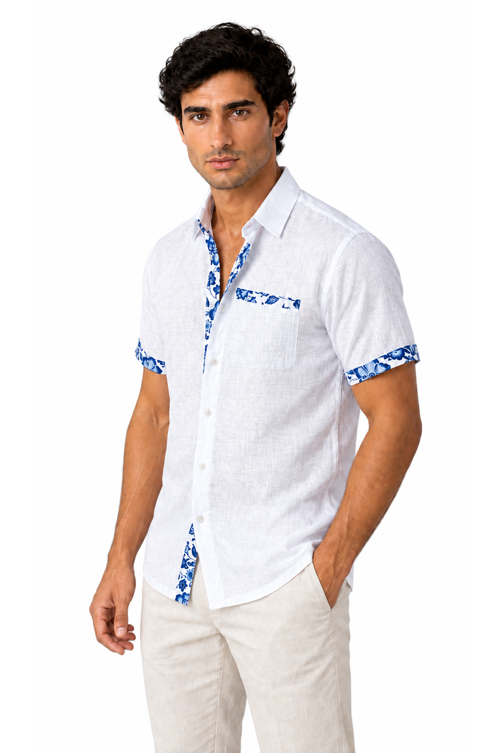 Ventorino floral trim vacation shirt in white — model view