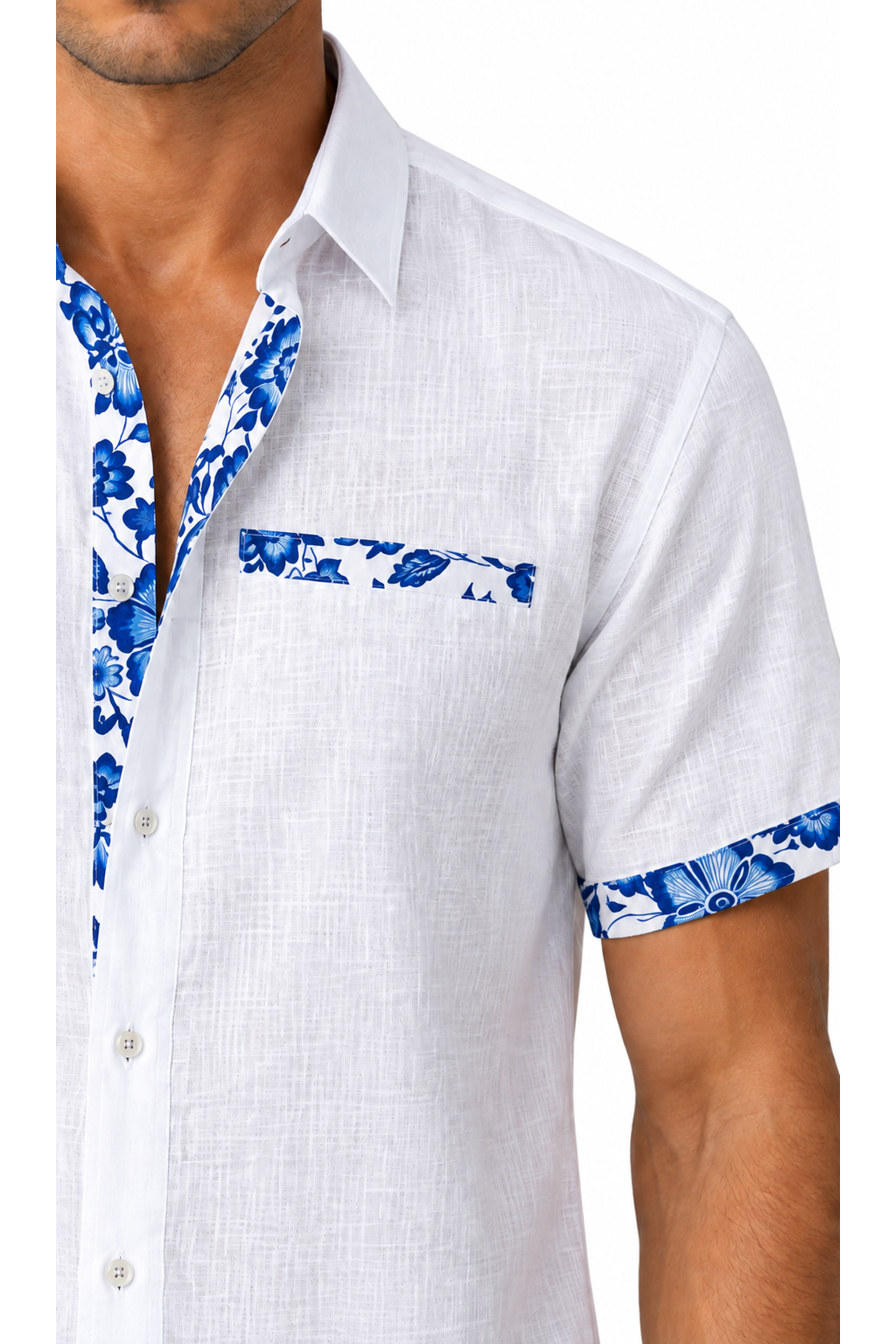 Ventorino floral trim vacation shirt in white — linen fabric detail