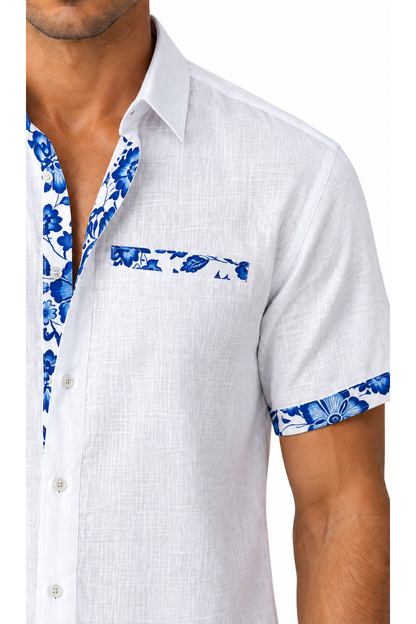 Ventorino floral trim vacation shirt in white — linen fabric detail