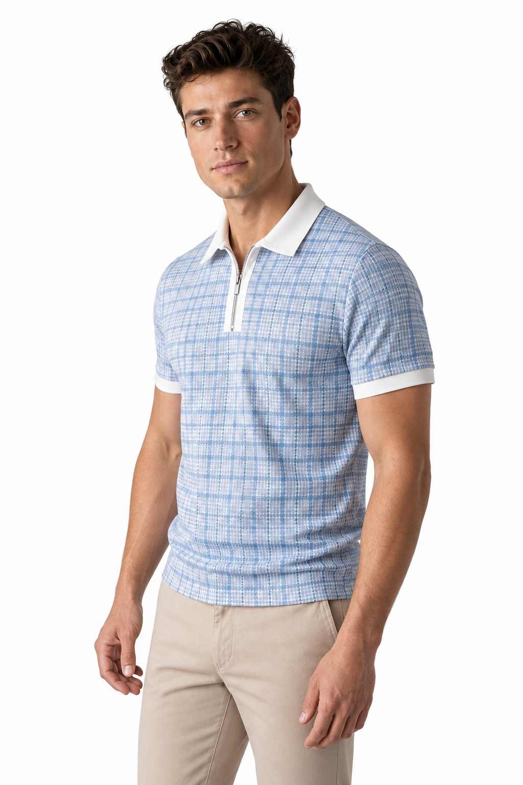 Ventorino Men's Polo Shirt Check Pattern Full Zip | Ventorino in Light Blue — model three-quarter view