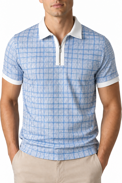 Ventorino Men's Polo Shirt Check Pattern Full Zip | Ventorino in Light Blue — garment and fabric detail