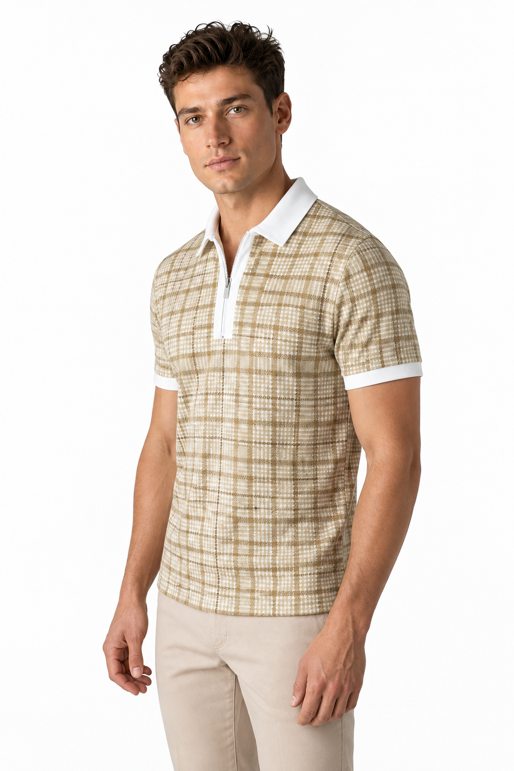 Ventorino Men's Polo Shirt Check Pattern Full Zip | Ventorino in Khaki — model three-quarter view