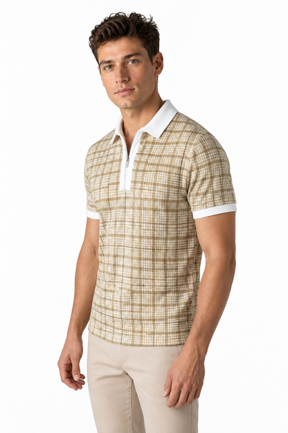 Ventorino Men's Polo Shirt Check Pattern Full Zip | Ventorino in Khaki — model three-quarter view