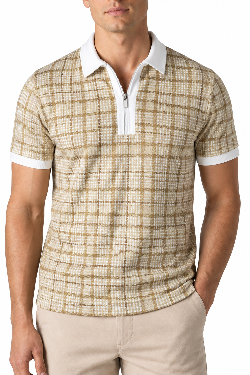 Ventorino Men's Polo Shirt Check Pattern Full Zip | Ventorino in Khaki — garment and fabric detail