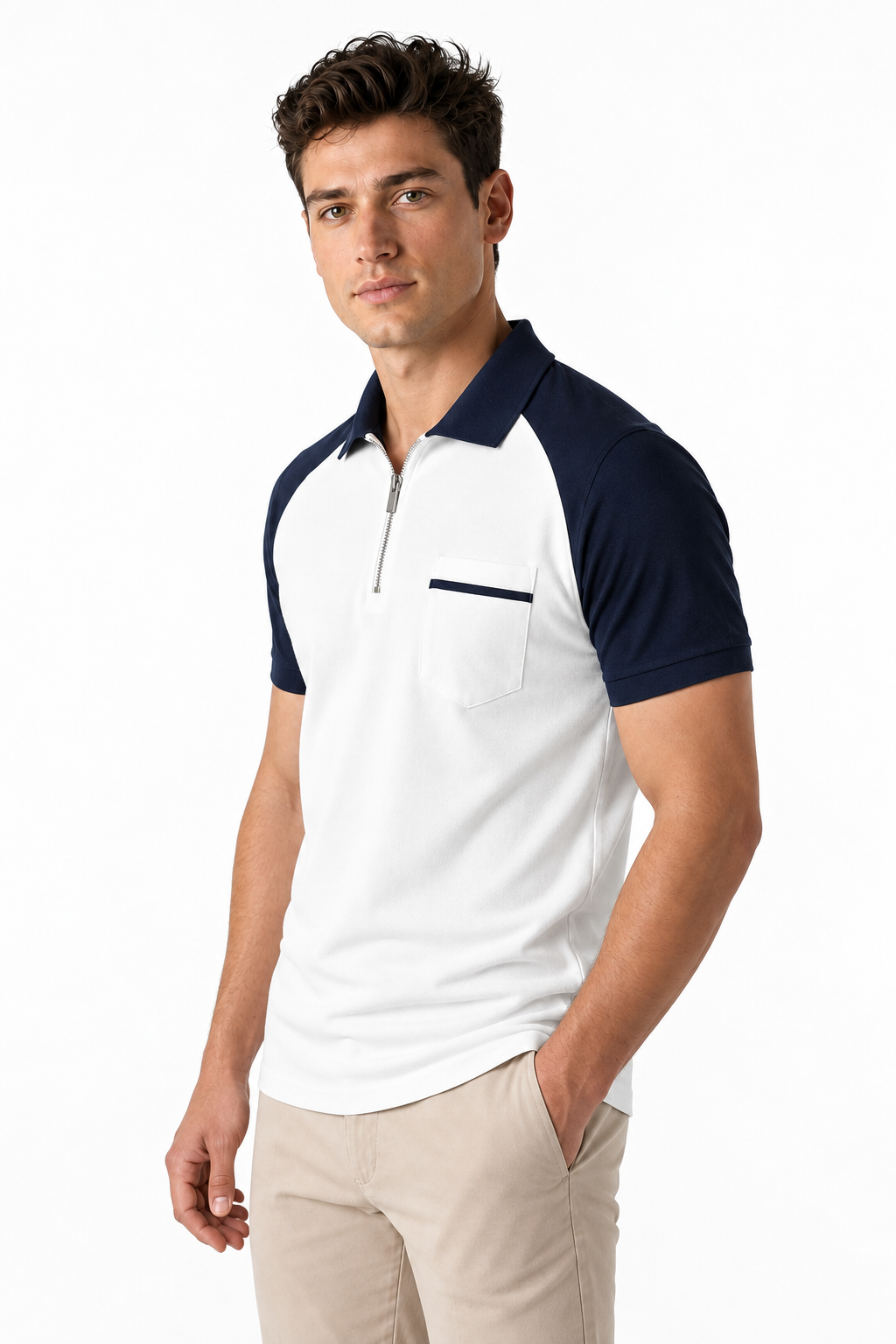 Ventorino Men's Polo Shirt Check Pattern Full Zip | Ventorino in White — model three-quarter view