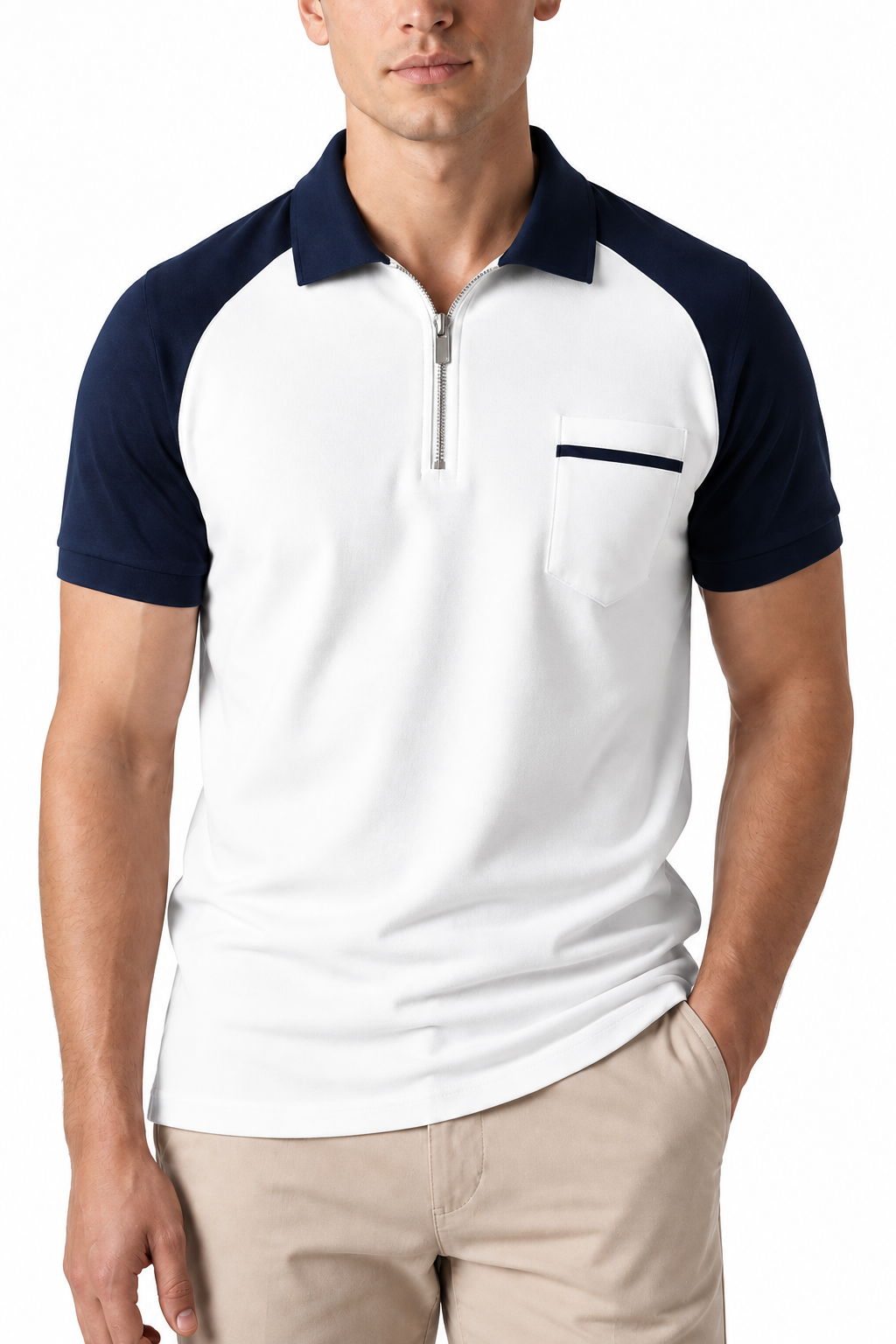 Ventorino Men's Polo Shirt Check Pattern Full Zip | Ventorino in White — garment and fabric detail