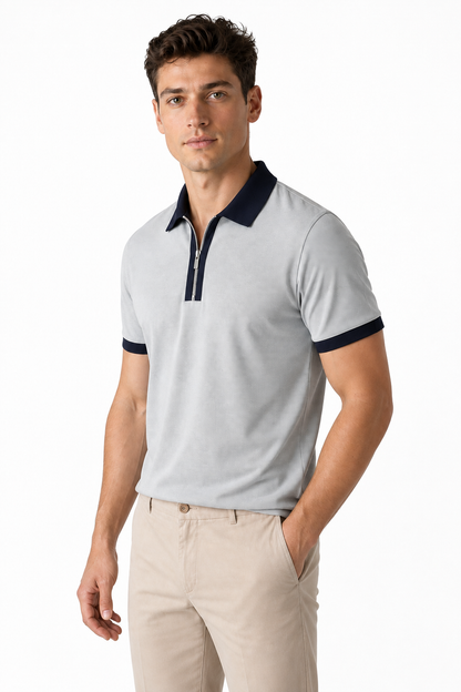 Ventorino Men's Polo Shirt Check Pattern Full Zip | Ventorino in Grey — model three-quarter view