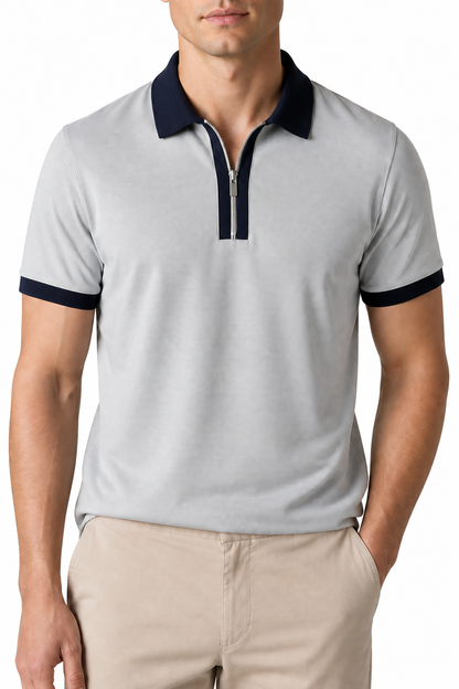 Ventorino Men's Polo Shirt Check Pattern Full Zip | Ventorino in Grey — garment and fabric detail