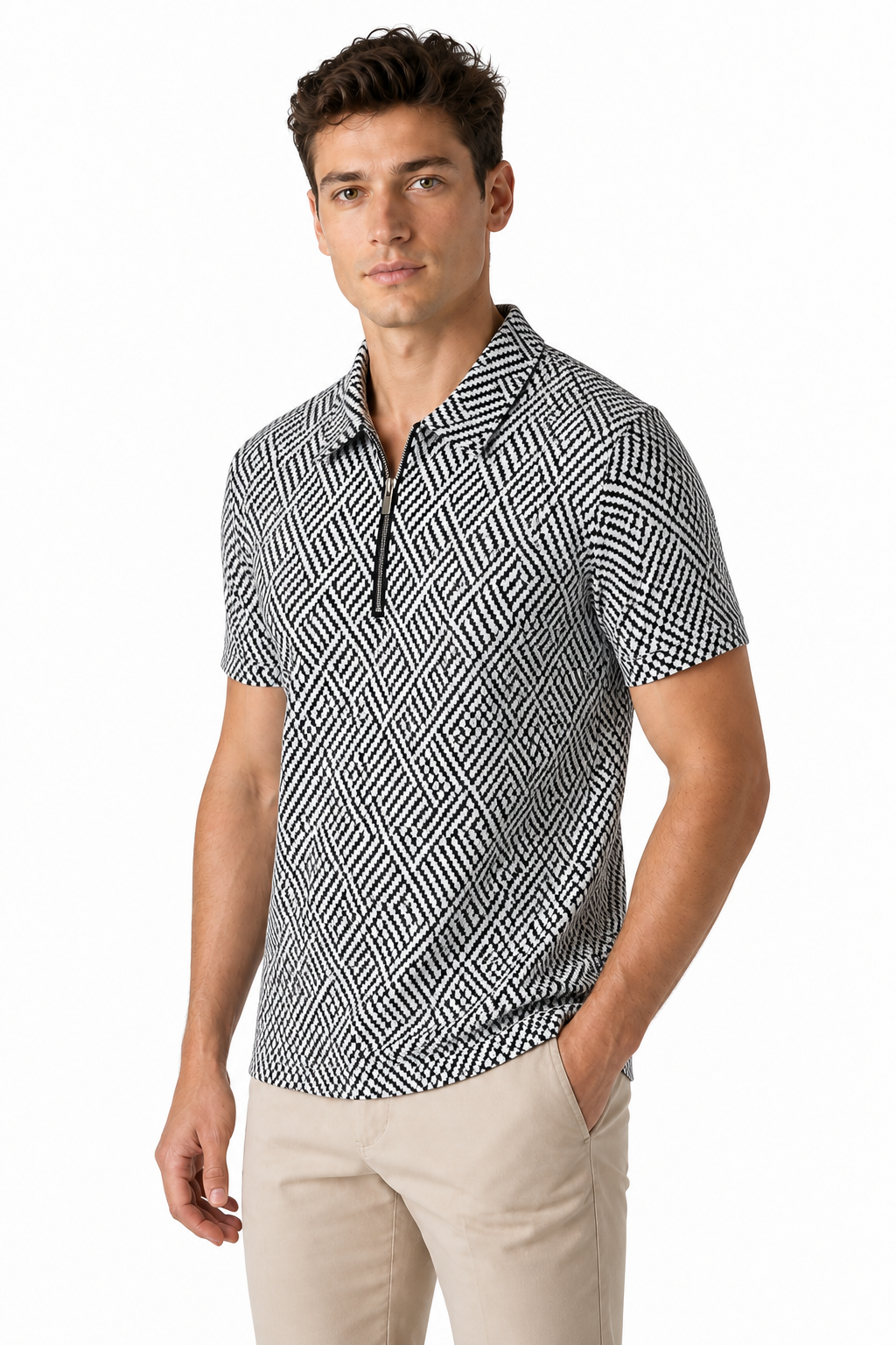 Ventorino Men's Polo Shirt Check Pattern Full Zip | Ventorino in Dark Grey — model three-quarter view