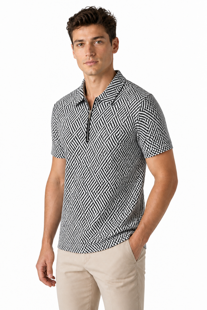 Ventorino Men's Polo Shirt Check Pattern Full Zip | Ventorino in Dark Grey — model three-quarter view