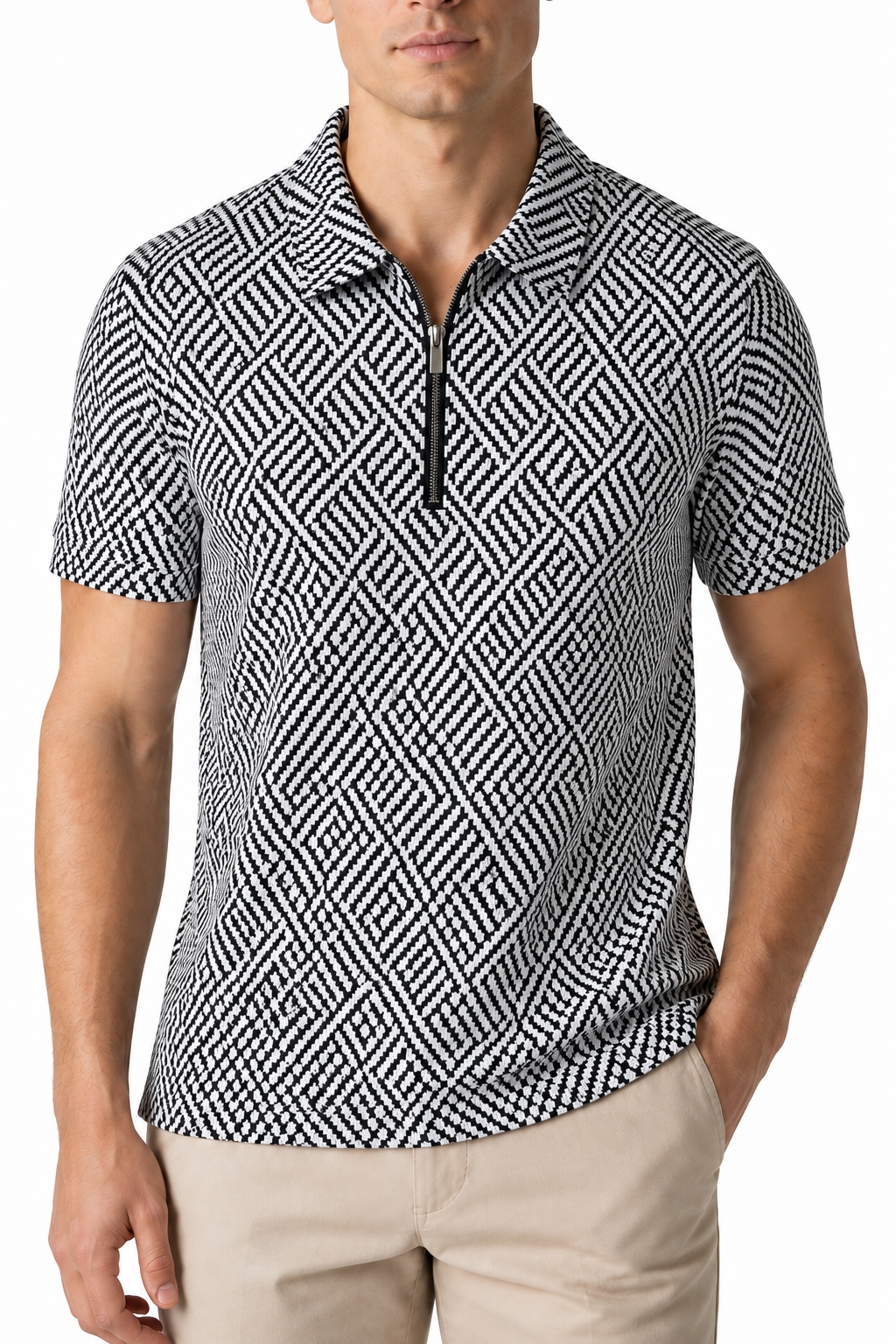 Ventorino Men's Polo Shirt Check Pattern Full Zip | Ventorino in Dark Grey — garment and fabric detail