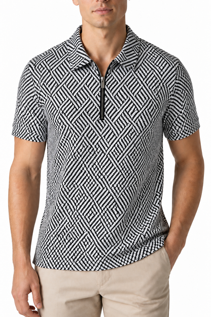 Ventorino Men's Polo Shirt Check Pattern Full Zip | Ventorino in Dark Grey — garment and fabric detail