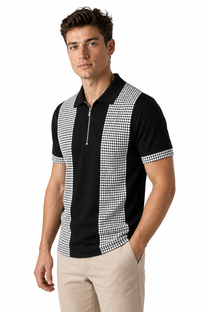 Ventorino Men's Polo Shirt Check Pattern Full Zip | Ventorino in Black — model three-quarter view