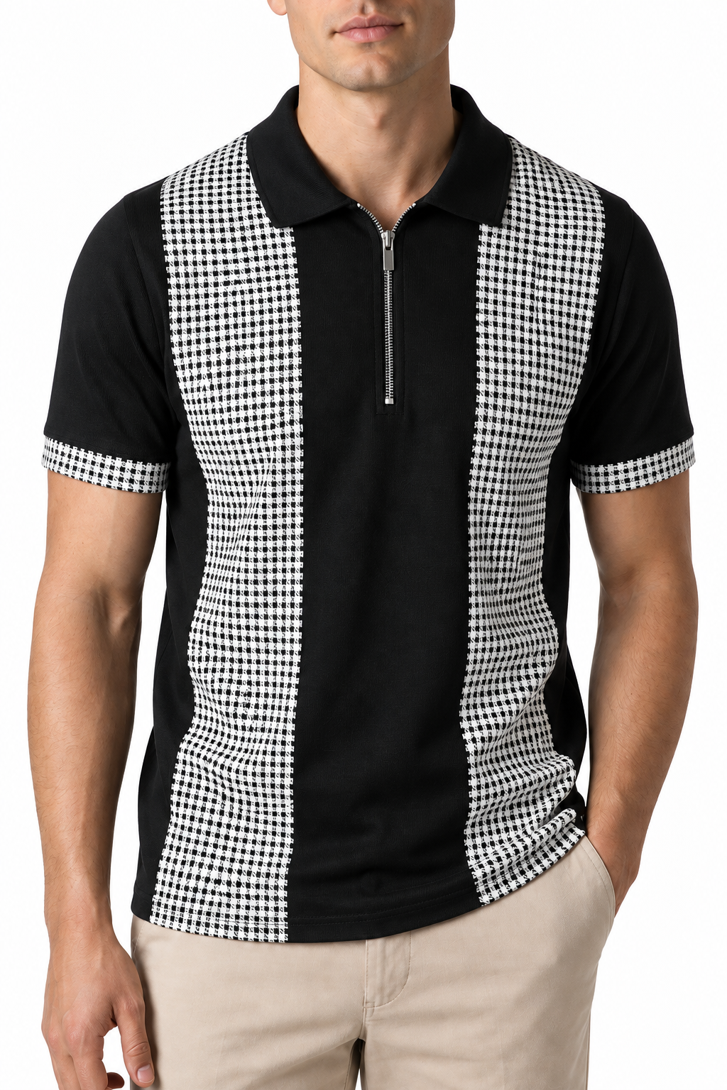 Ventorino Men's Polo Shirt Check Pattern Full Zip | Ventorino in Black — garment and fabric detail