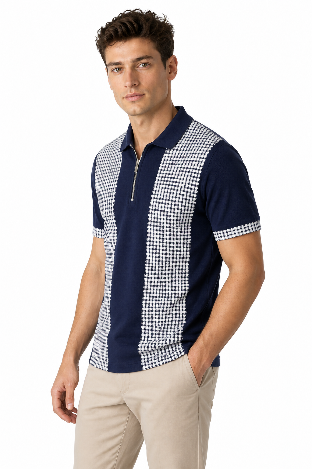 Ventorino Men's Polo Shirt Check Pattern Full Zip | Ventorino in Blue — model three-quarter view