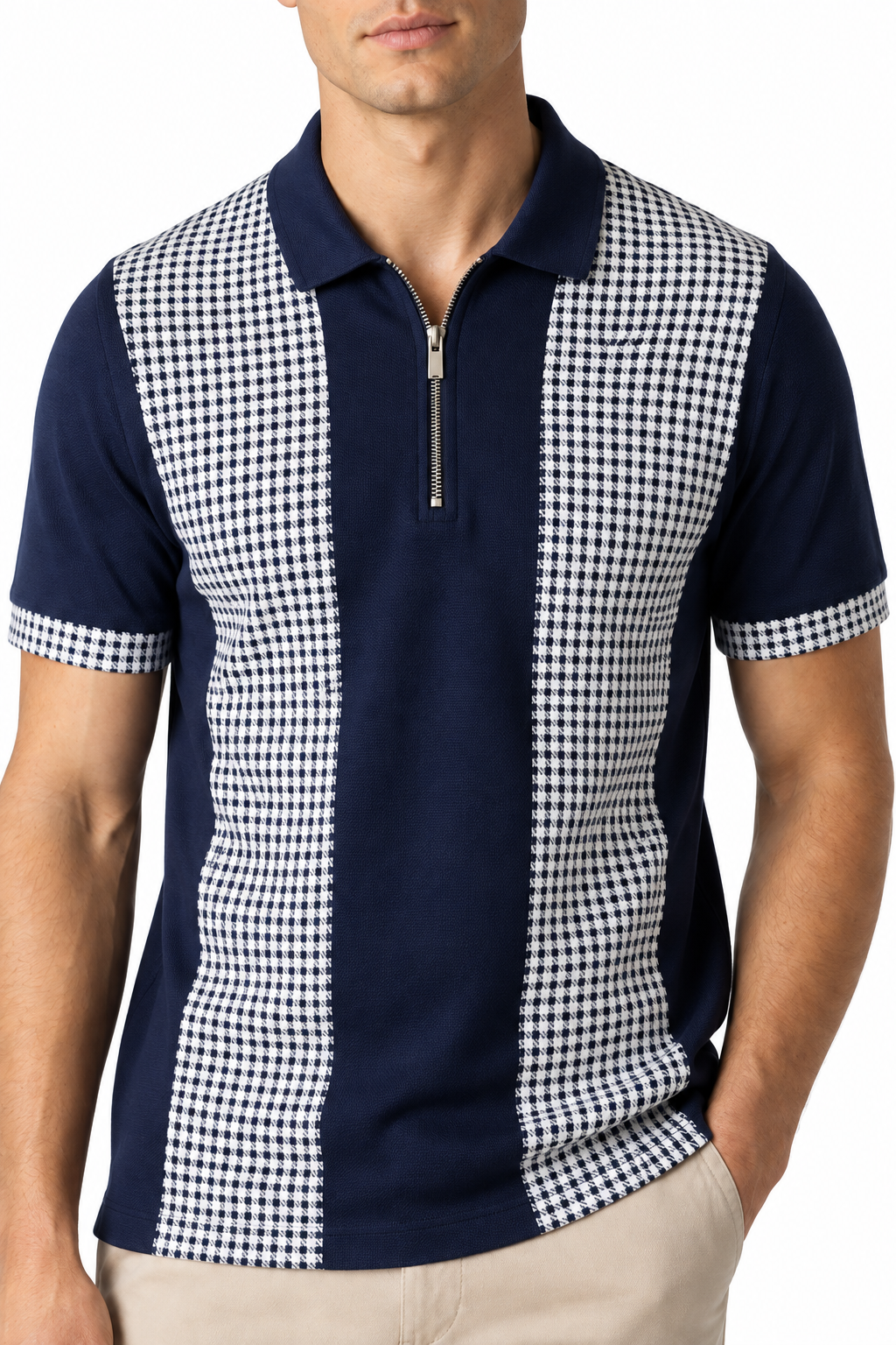 Ventorino Men's Polo Shirt Check Pattern Full Zip | Ventorino in Blue — garment and fabric detail