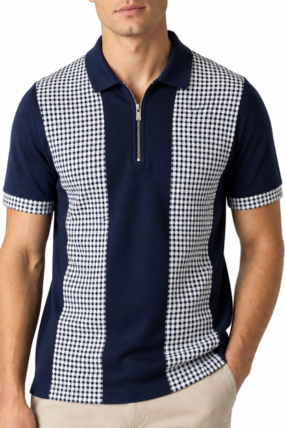 Ventorino Men's Polo Shirt Check Pattern Full Zip | Ventorino in Blue — garment and fabric detail