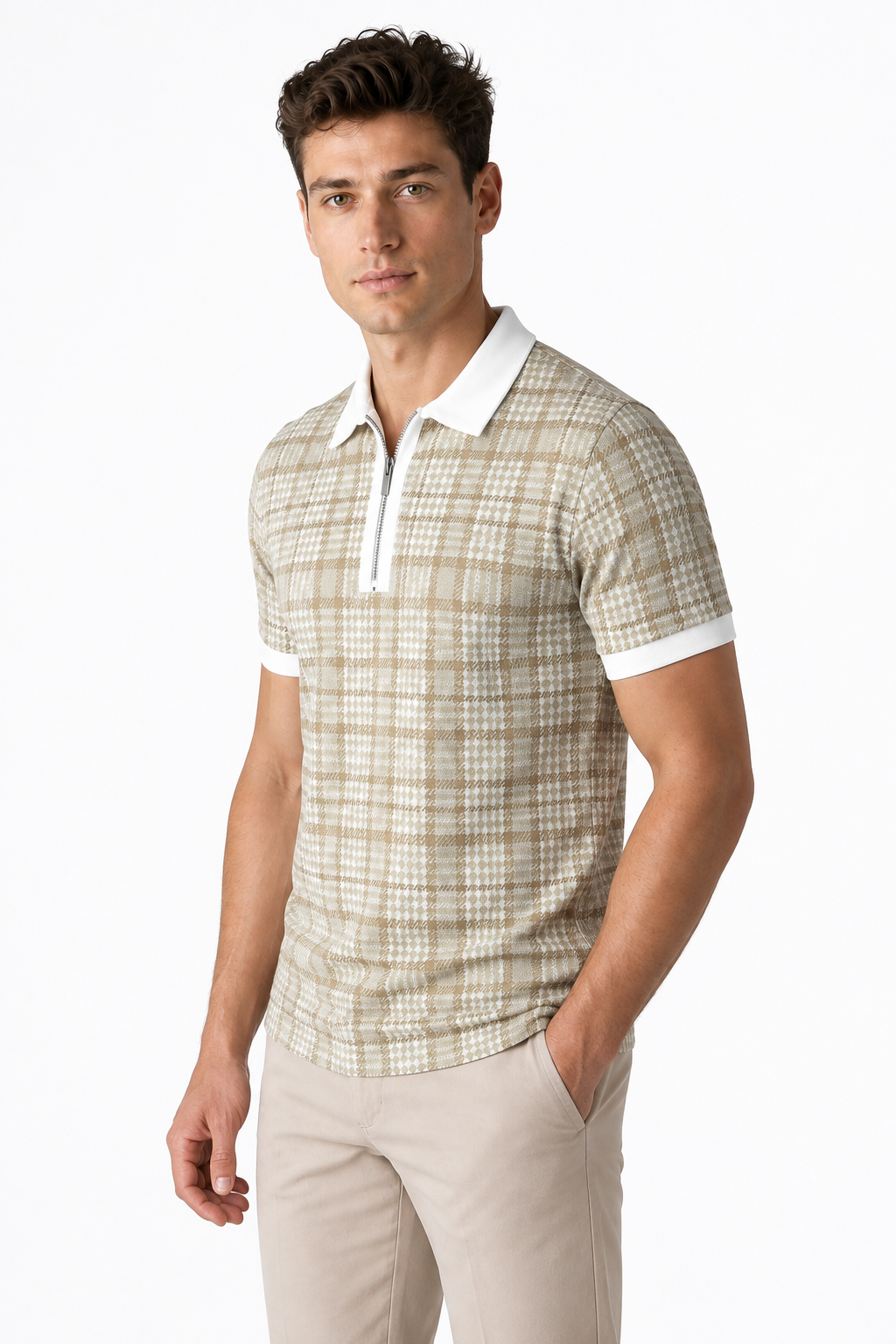Ventorino Men's Polo Shirt Check Pattern Full Zip | Ventorino in Light Khaki — model three-quarter view