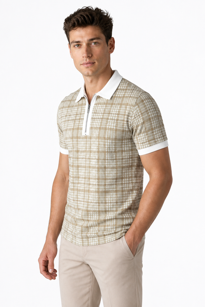 Ventorino Men's Polo Shirt Check Pattern Full Zip | Ventorino in Light Khaki — model three-quarter view