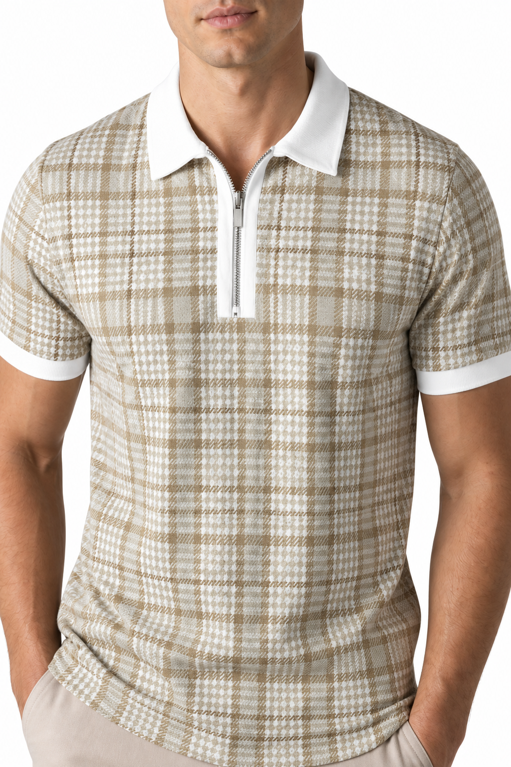Ventorino Men's Polo Shirt Check Pattern Full Zip | Ventorino in Light Khaki — garment and fabric detail