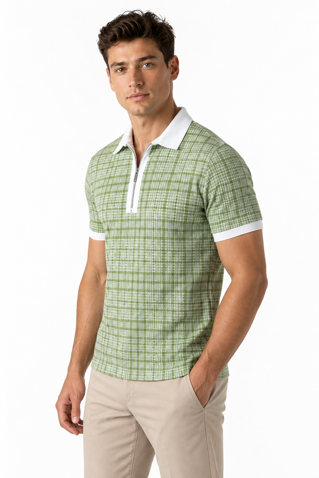Ventorino Men's Polo Shirt Check Pattern Full Zip | Ventorino in Green — model three-quarter view