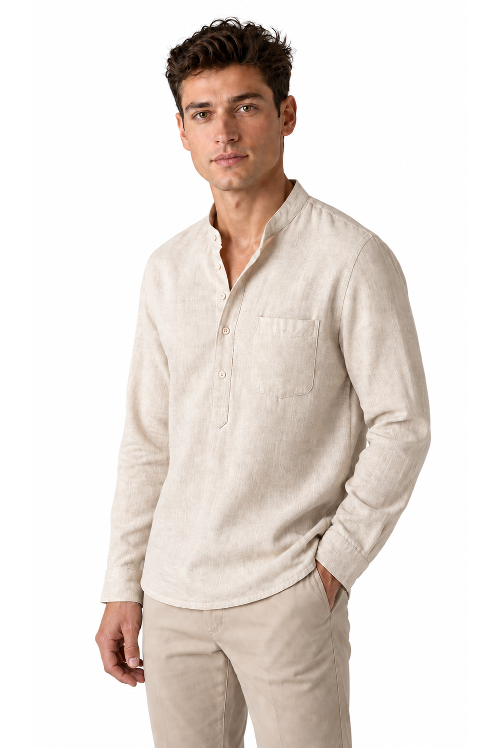 Ventorino vintage linen henley in beige — model view