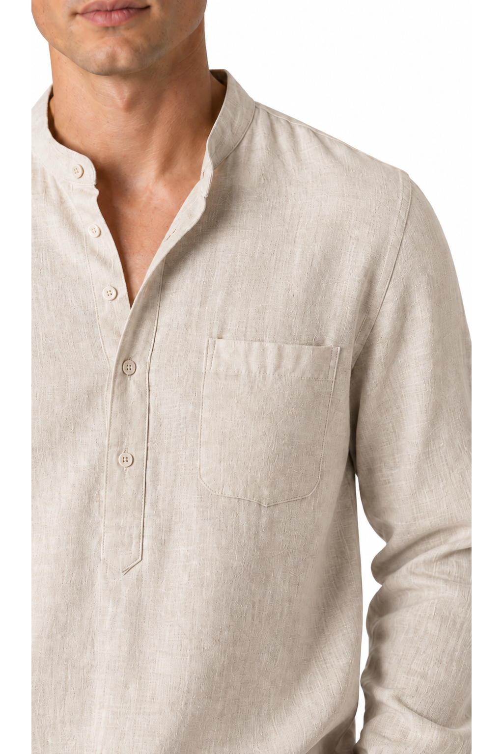 Ventorino vintage linen henley in beige — linen detail