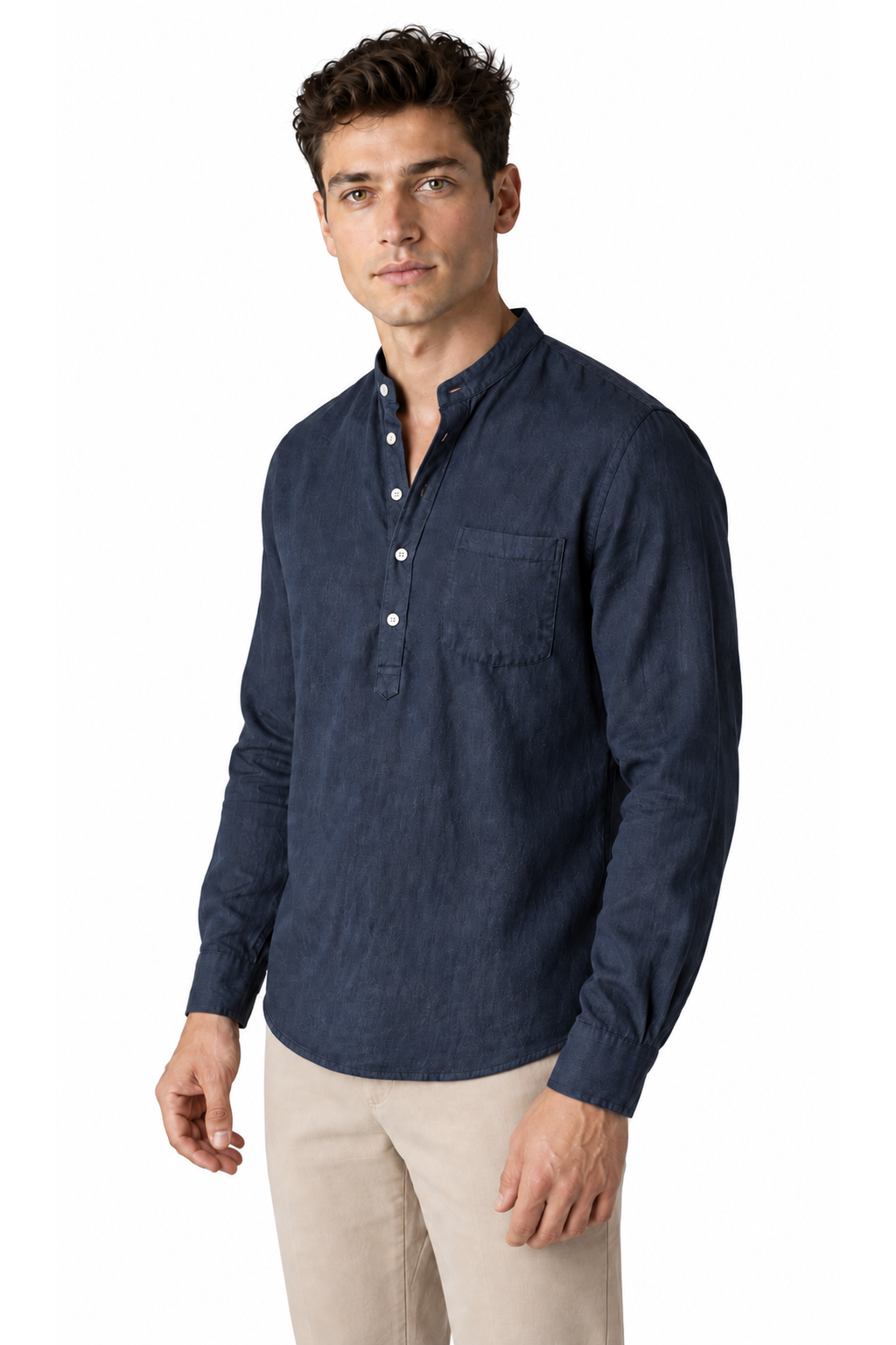 Ventorino vintage linen henley in navy blue — model view