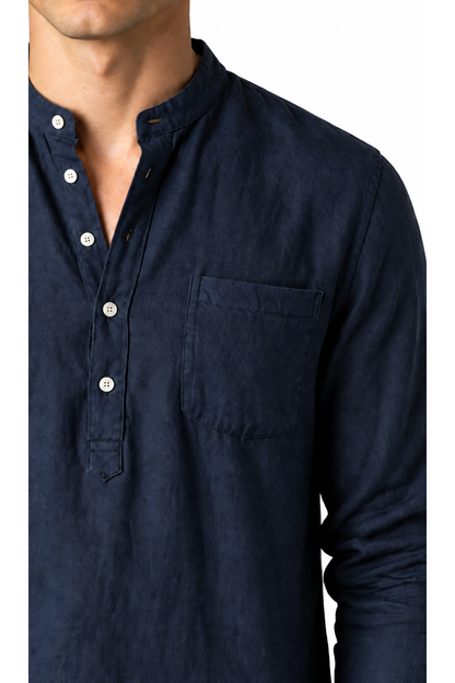 Ventorino vintage linen henley in navy blue — linen detail