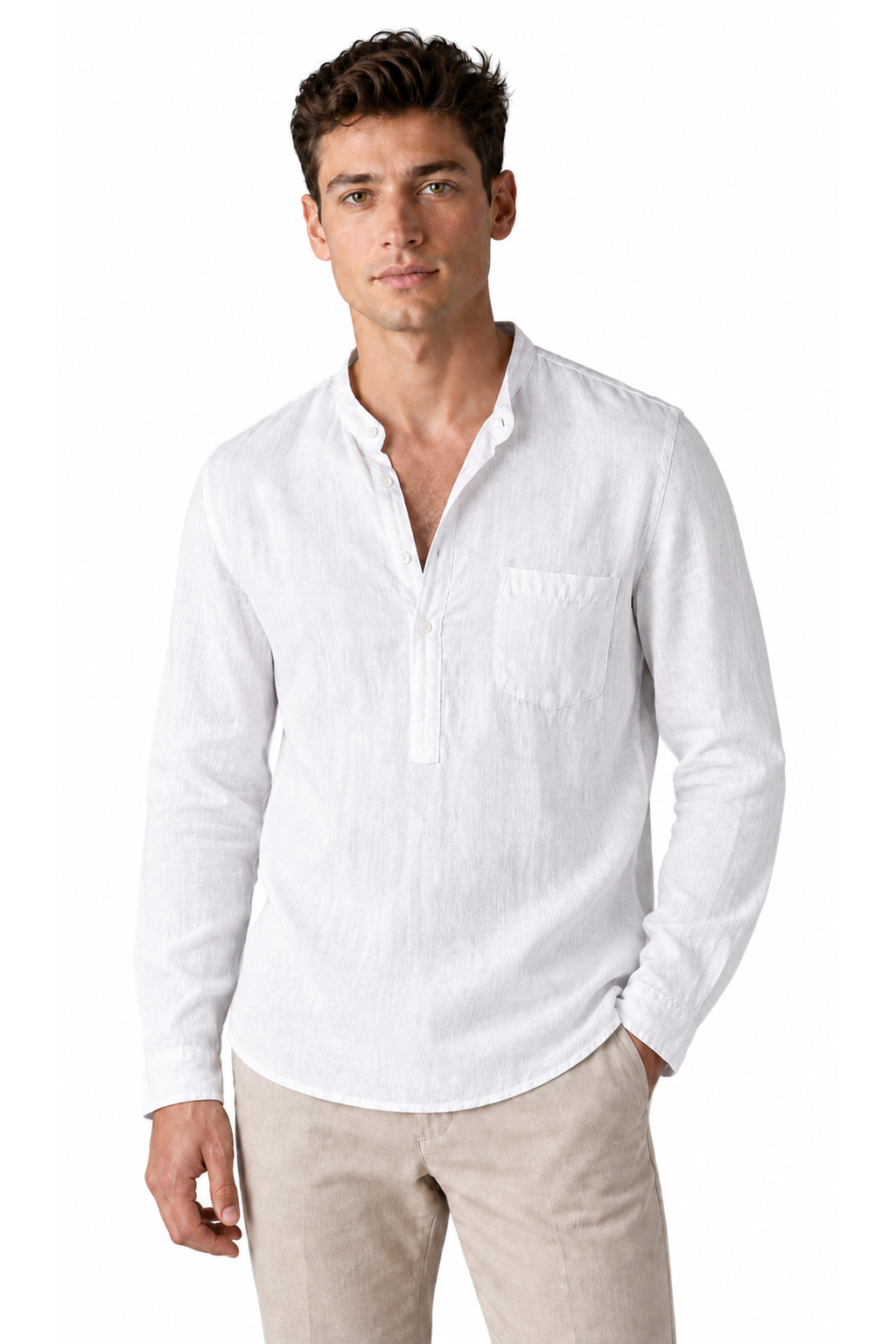 Ventorino vintage linen henley in white — model view