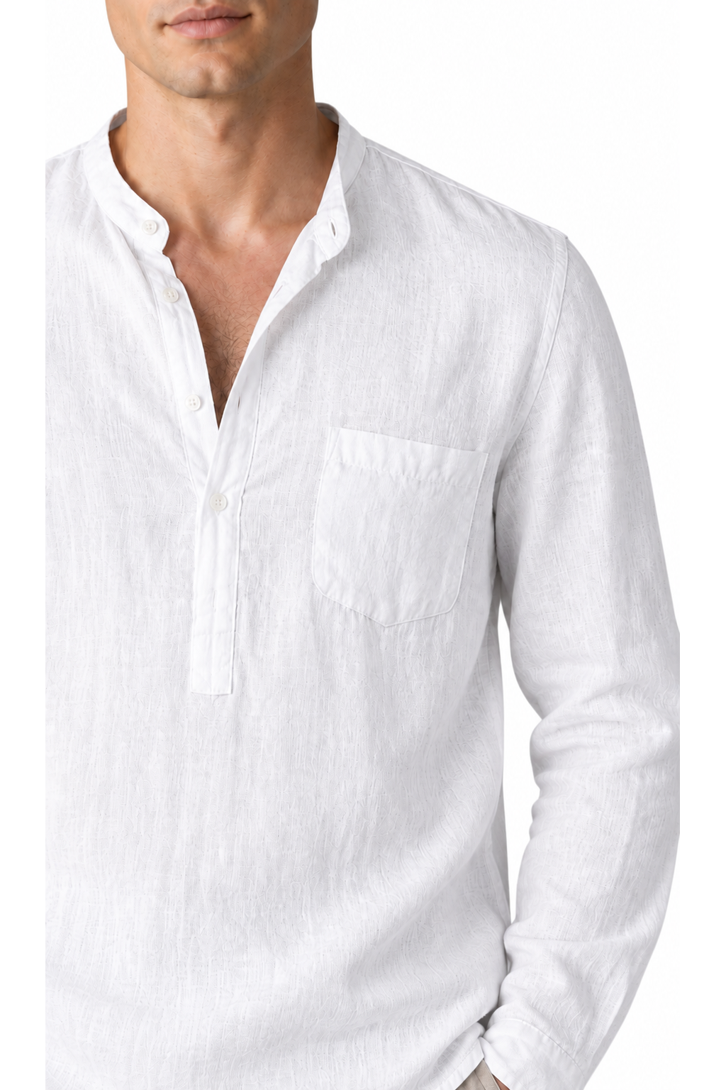 Ventorino vintage linen henley in white — linen detail