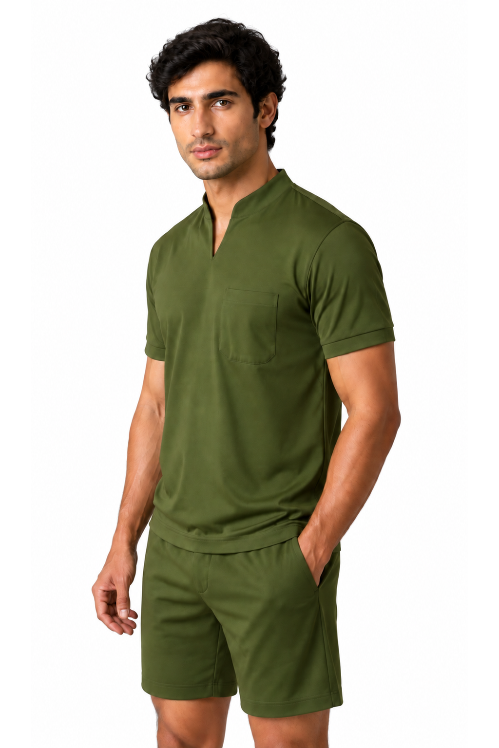 Ventorino athletic V-neck pocket T-shirt in army green — model view