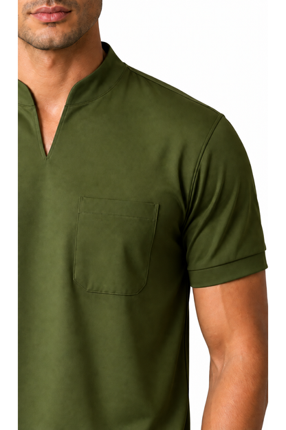 Ventorino athletic V-neck pocket T-shirt in army green — fabric detail