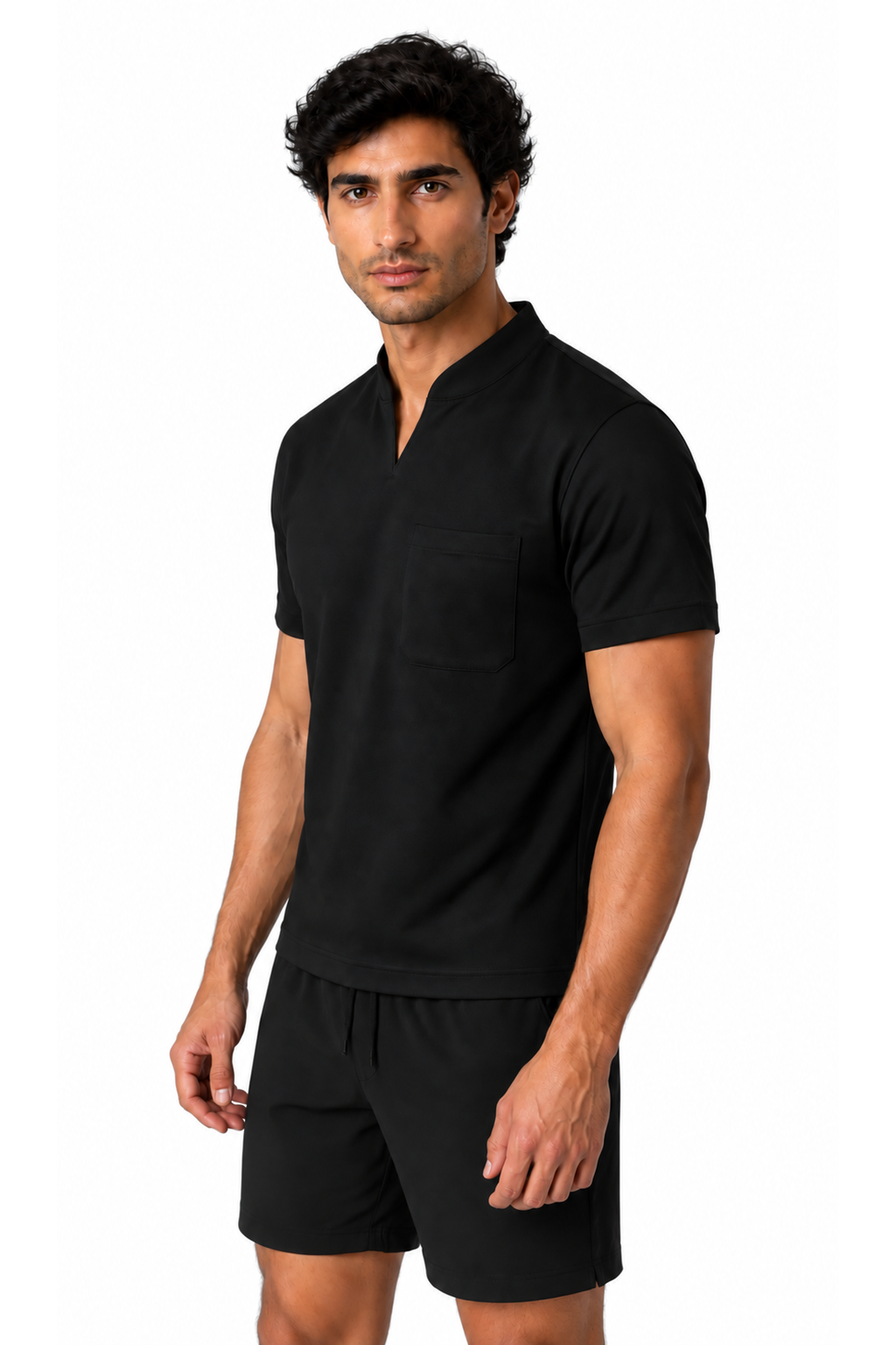 Ventorino athletic V-neck pocket T-shirt in black — model view