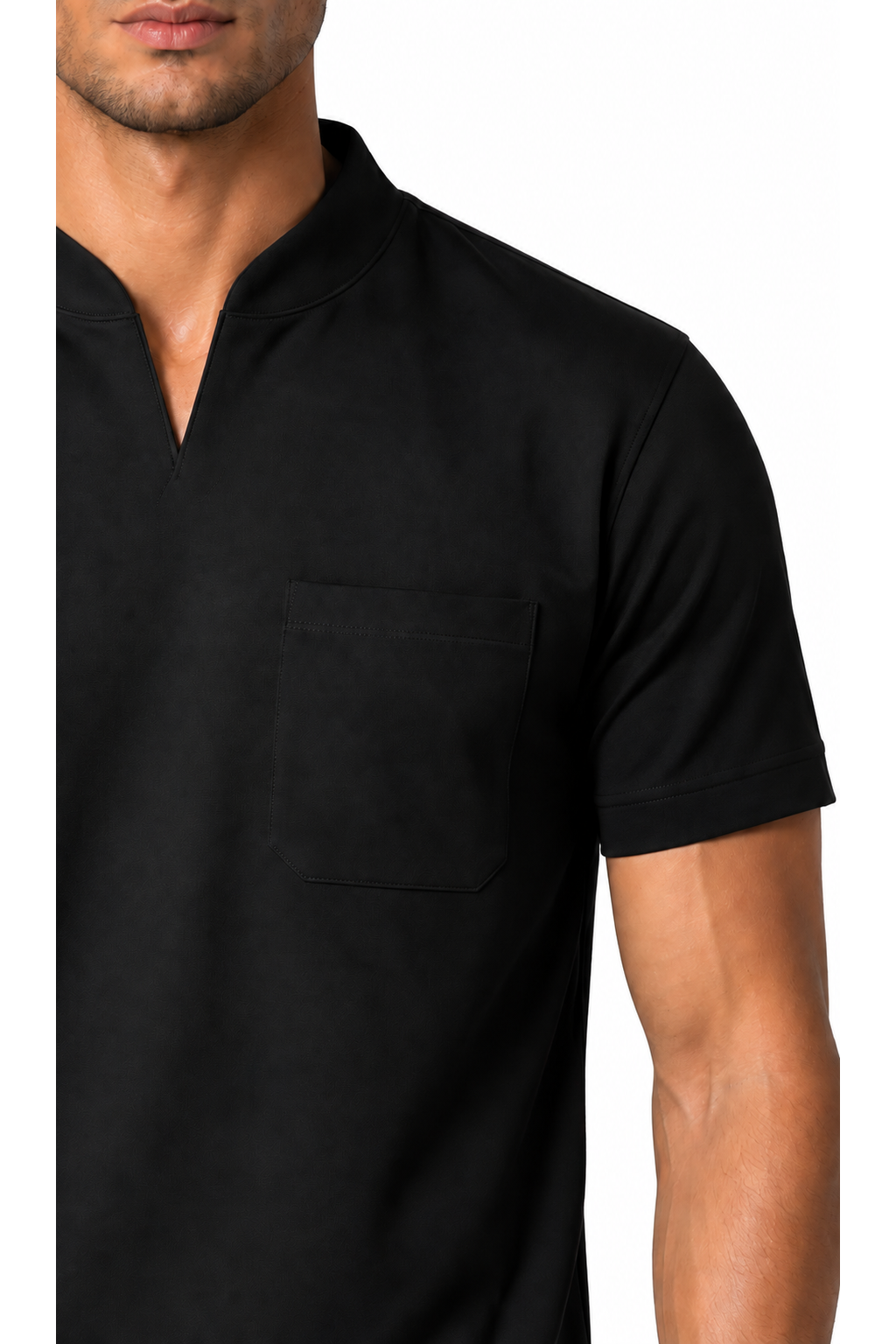 Ventorino athletic V-neck pocket T-shirt in black — fabric detail
