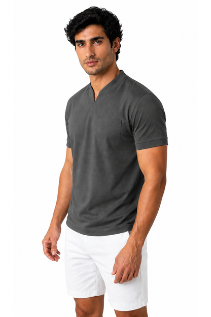 Ventorino athletic V-neck pocket T-shirt in dark grey — model view