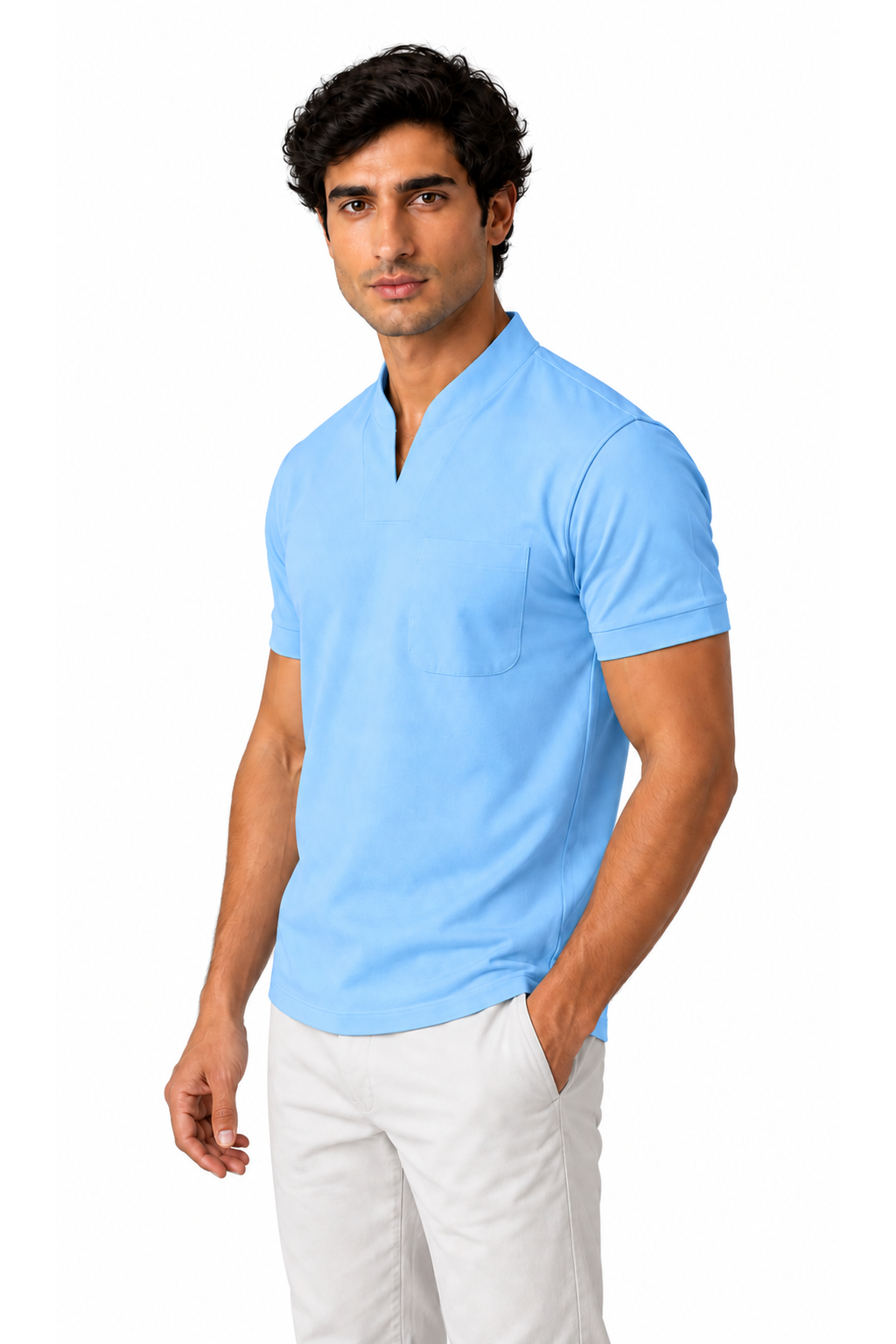 Ventorino athletic V-neck pocket T-shirt in light blue — model view